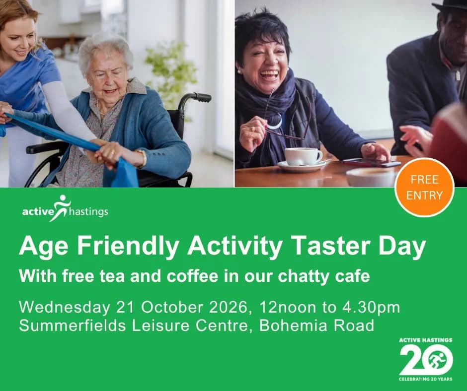 A magazine article hero image shows two scenes: a caregiver assisting an elderly woman in a wheelchair with exercises, and a group of seniors enjoying coffee and conversation, with a green overlay announcing an Age Friendly Activity Taster Day.
